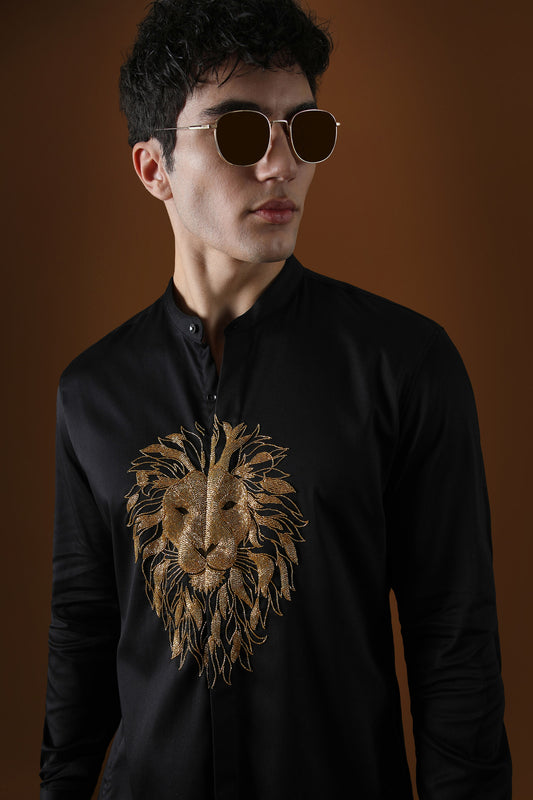 Lion Hand Embroidered Designer Kurta - Black