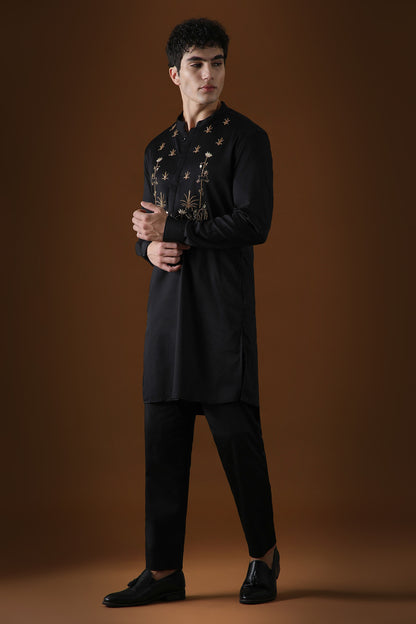 Deer in the Woods Hand Embroidered Designer Kurta - Black