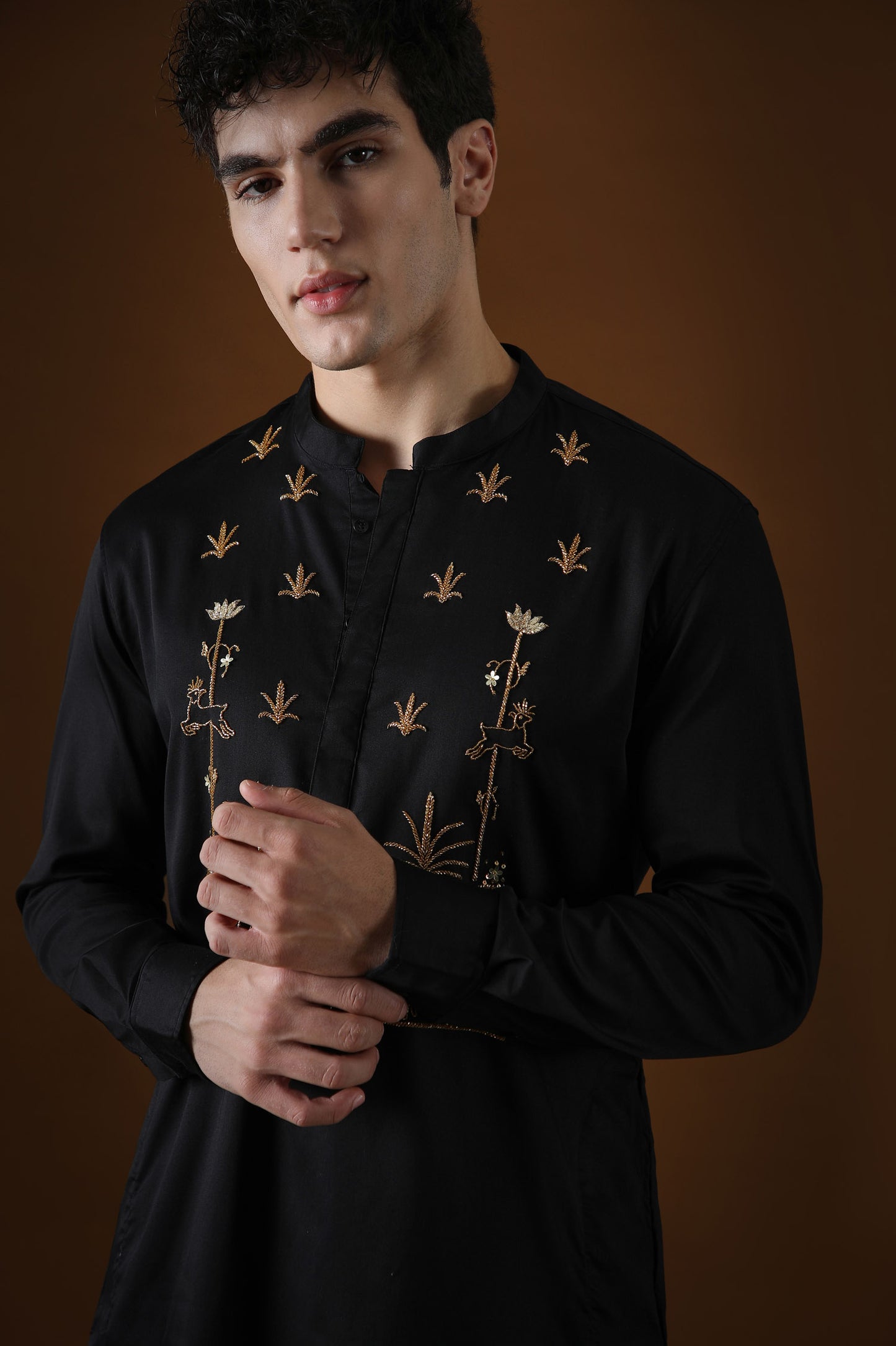 Deer in the Woods Hand Embroidered Designer Kurta - Black