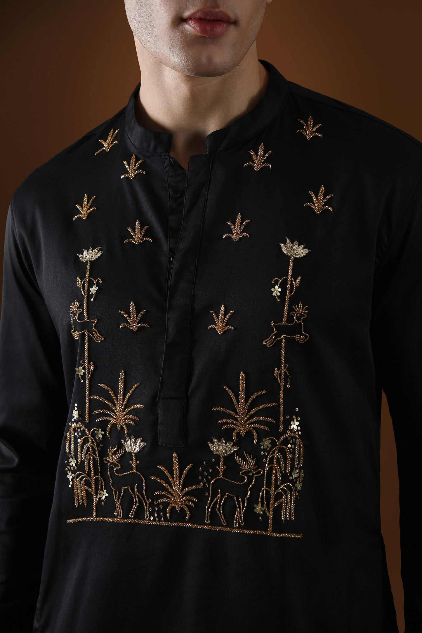 Deer in the Woods Hand Embroidered Designer Kurta - Black