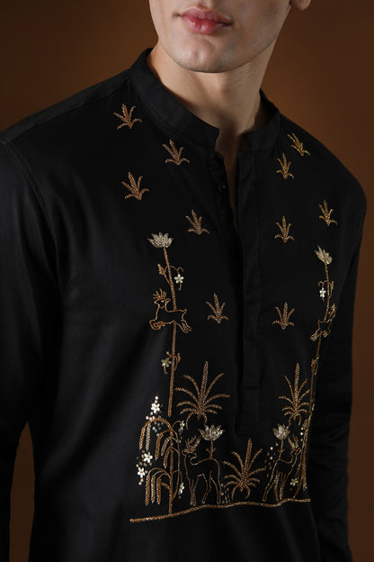 Deer in the Woods Hand Embroidered Designer Kurta - Black