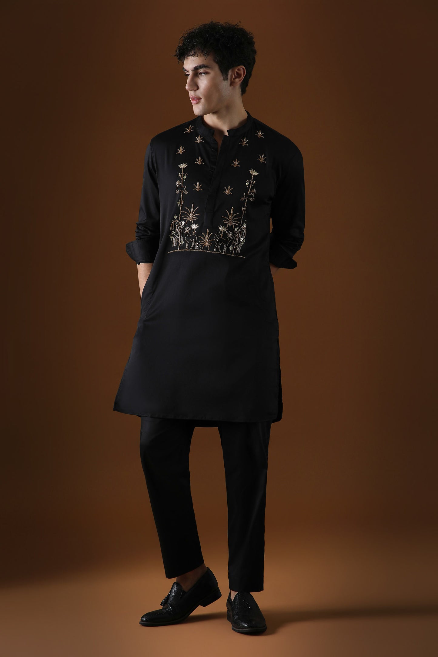 Deer in the Woods Hand Embroidered Designer Kurta - Black