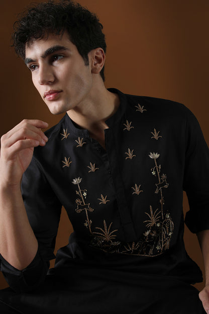 Deer in the Woods Hand Embroidered Designer Kurta - Black