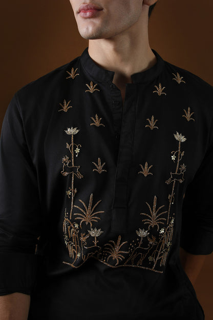 Deer in the Woods Hand Embroidered Designer Kurta - Black