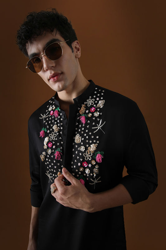 Wild Flowers Hand Embroidered Designer Kurta - Black