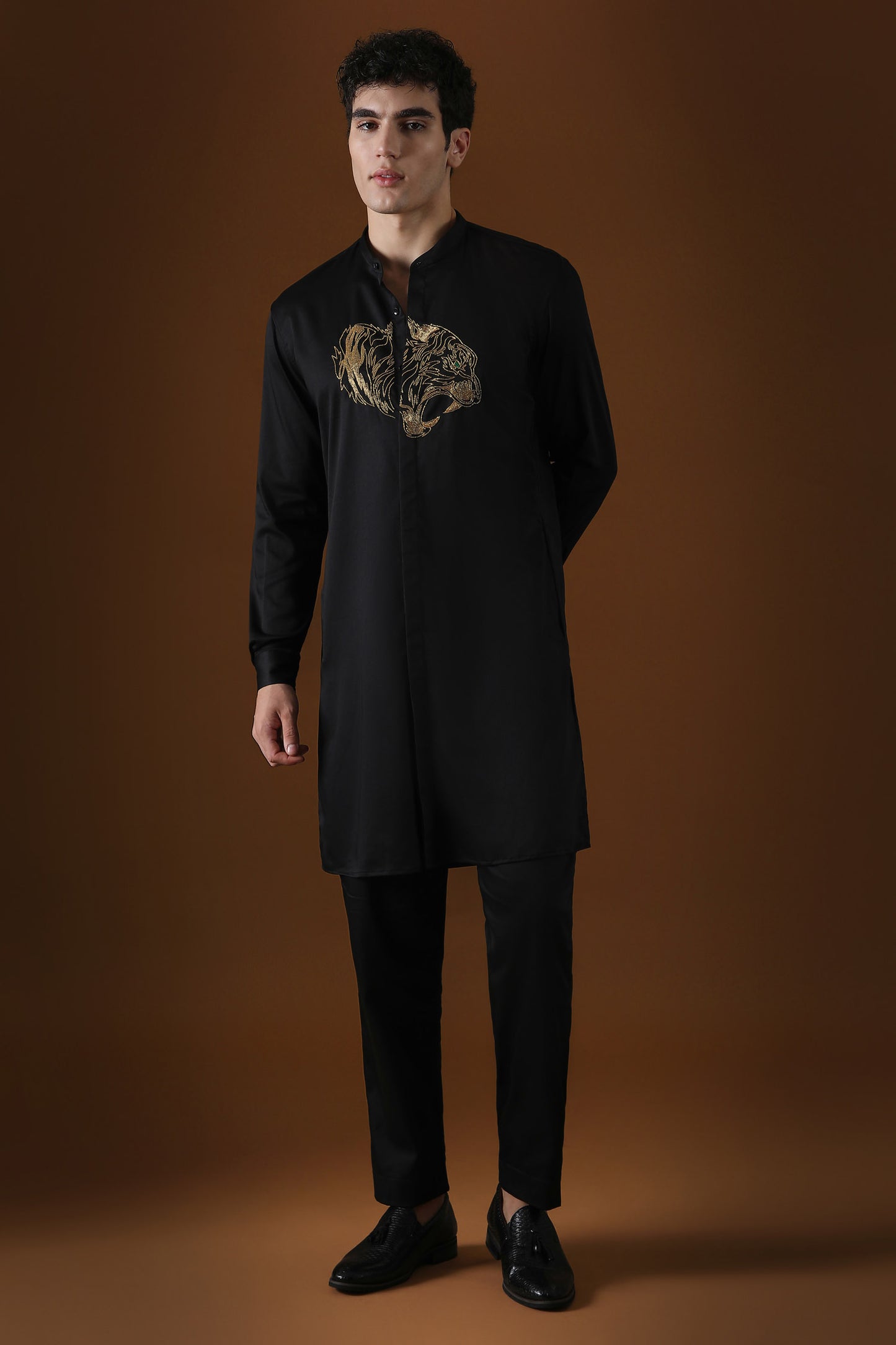 Tiger Hand Embroidered Designer Kurta - Black