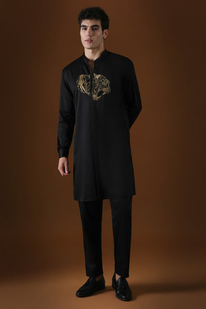 Tiger Hand Embroidered Designer Kurta - Black