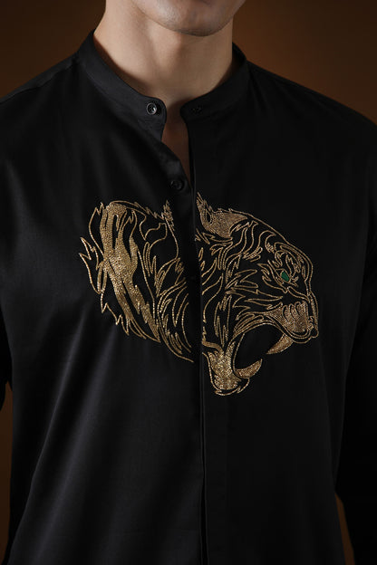 Tiger Hand Embroidered Designer Kurta - Black