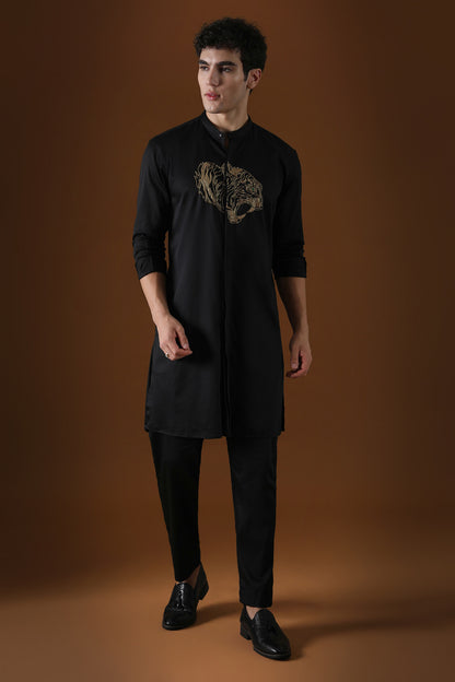 Tiger Hand Embroidered Designer Kurta - Black