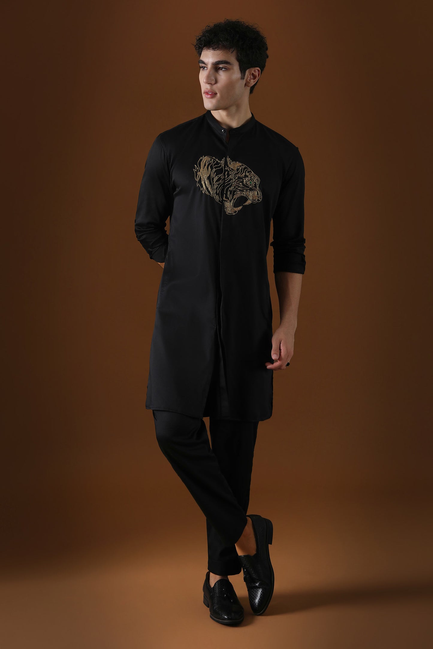 Tiger Hand Embroidered Designer Kurta - Black