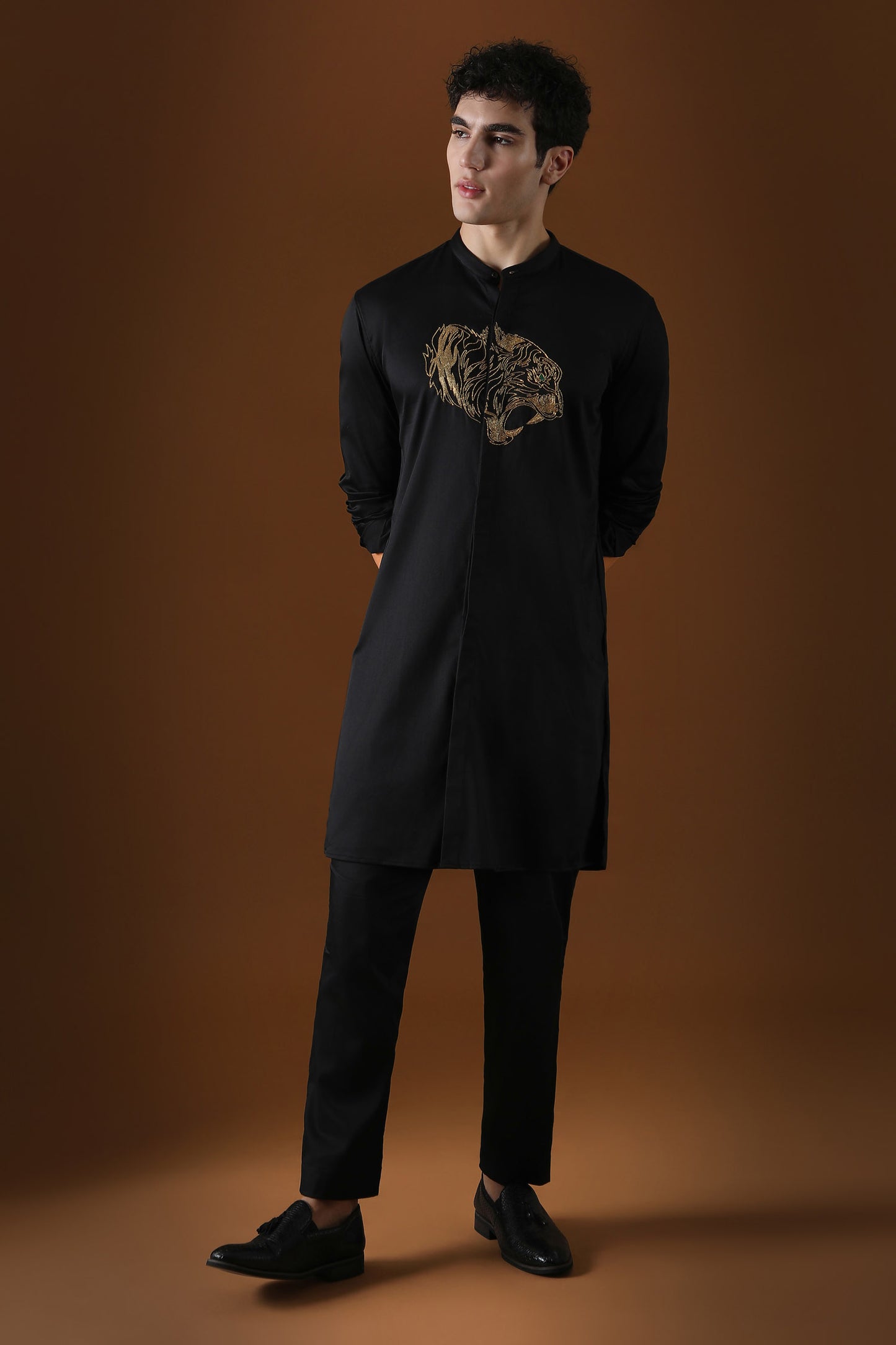 Tiger Hand Embroidered Designer Kurta - Black