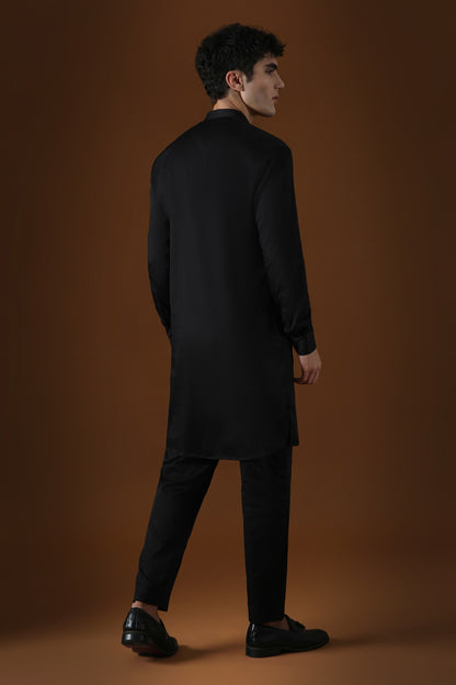 Lotuses Hand Embroidered Designer Kurta - Black