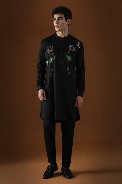 Lotuses Hand Embroidered Designer Kurta - Black