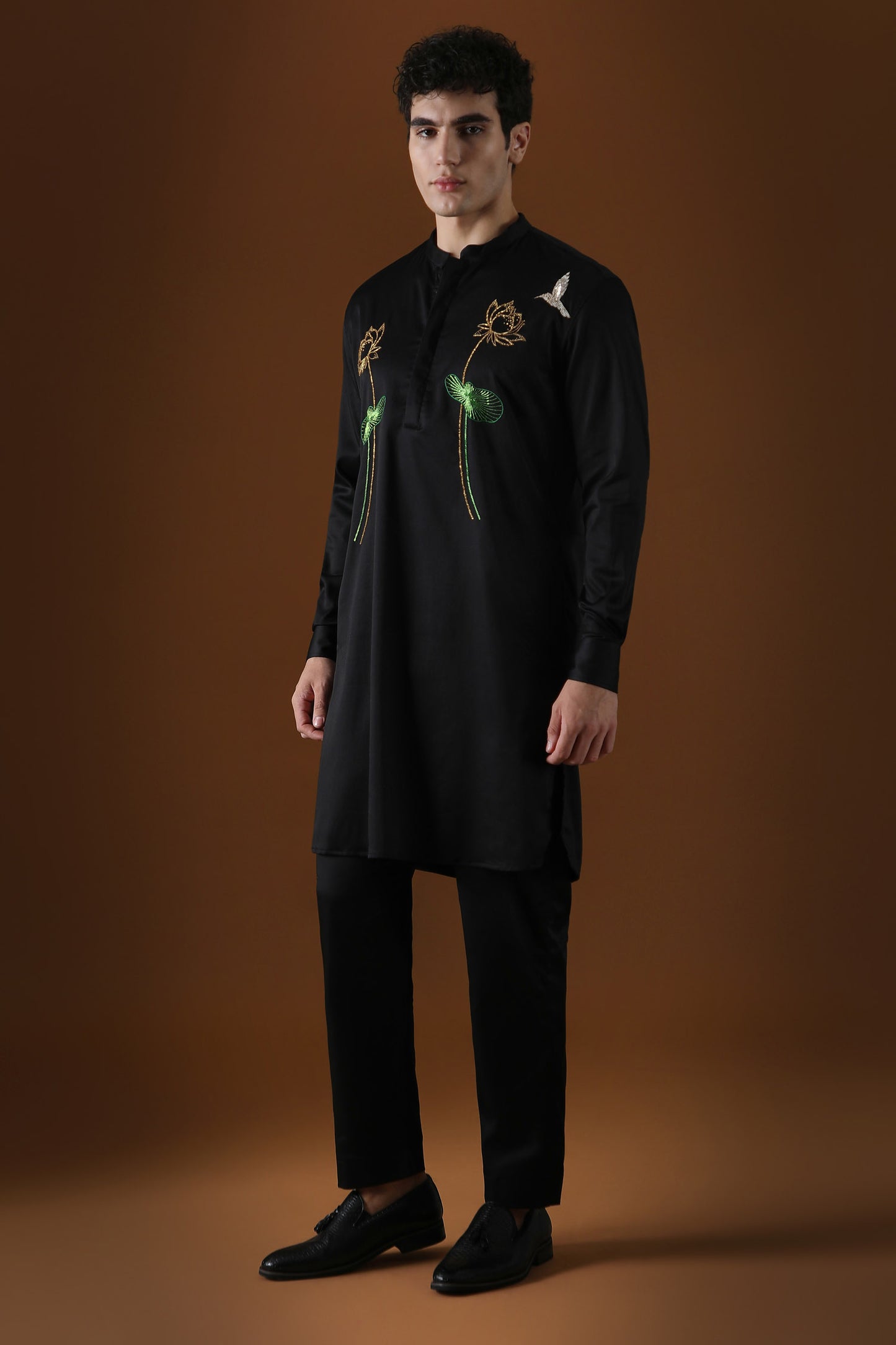 Lotuses Hand Embroidered Designer Kurta - Black