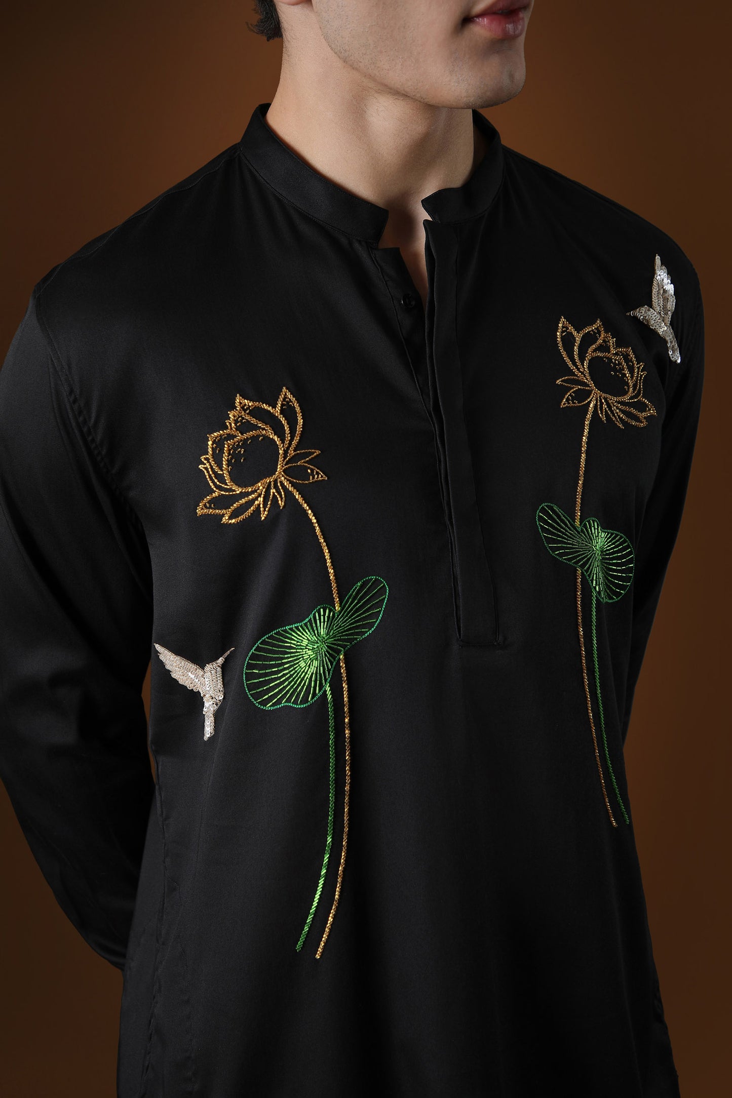 Lotuses Hand Embroidered Designer Kurta - Black