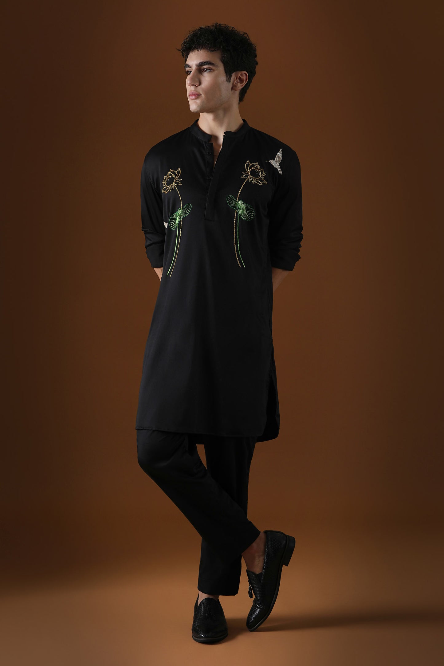 Lotuses Hand Embroidered Designer Kurta - Black