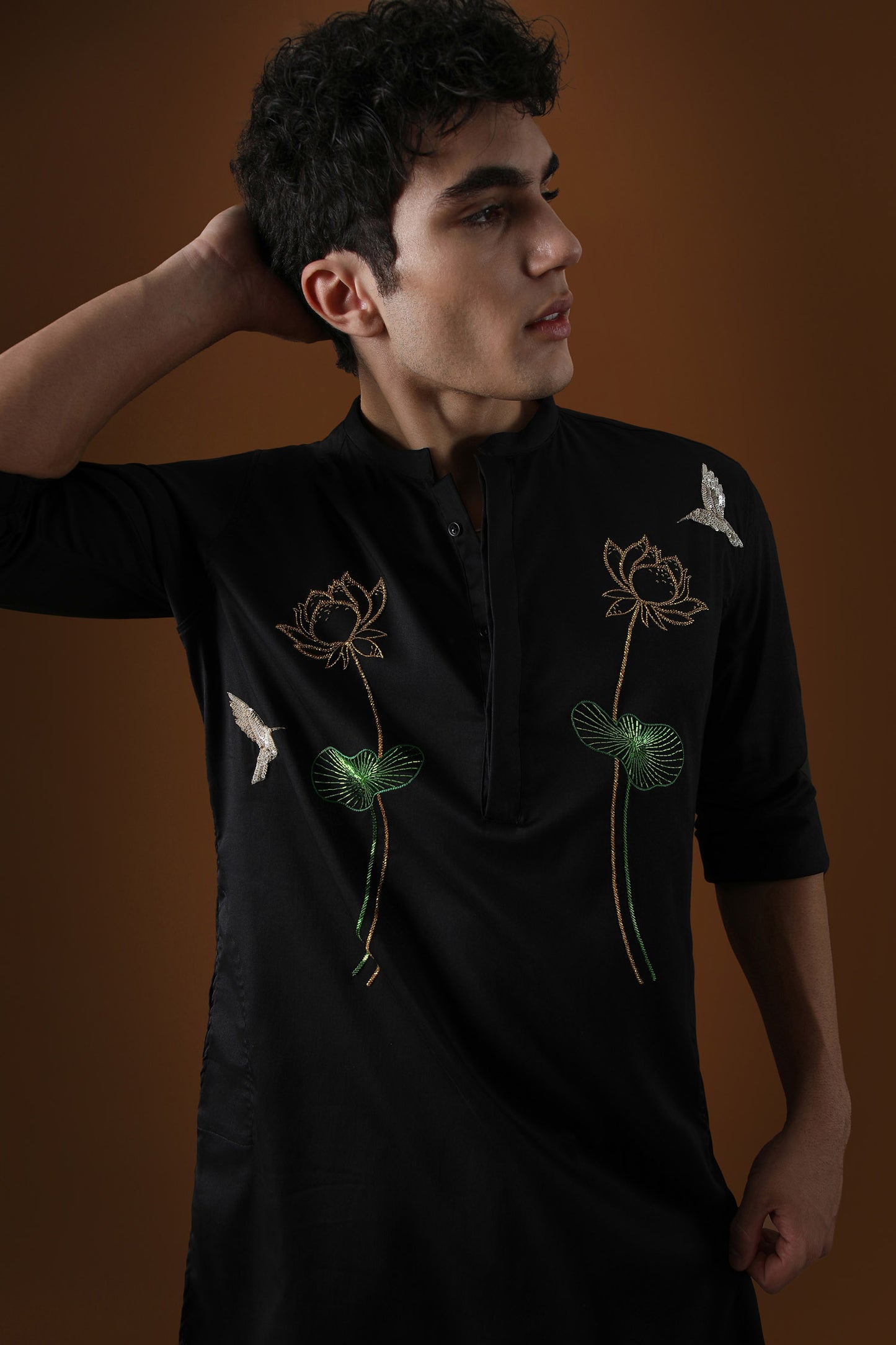 Lotuses Hand Embroidered Designer Kurta - Black