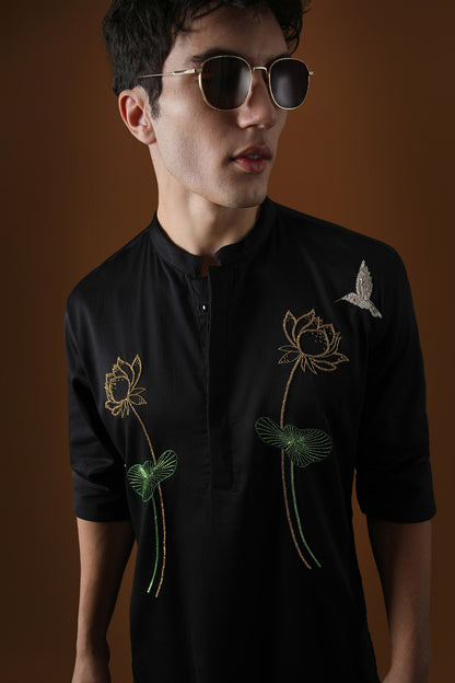 Lotuses Hand Embroidered Designer Kurta - Black