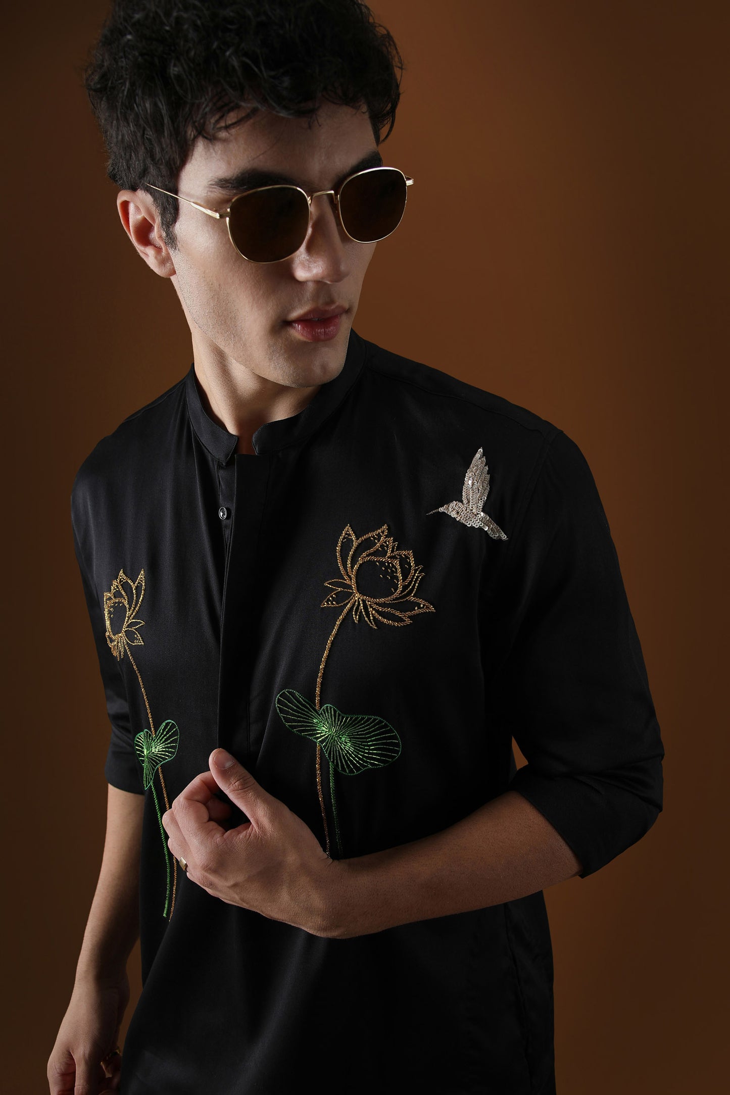 Lotuses Hand Embroidered Designer Kurta - Black