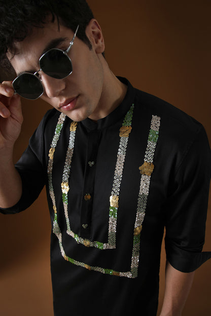 Sequins and Coin Hand Embroidered Designer Kurta - Black