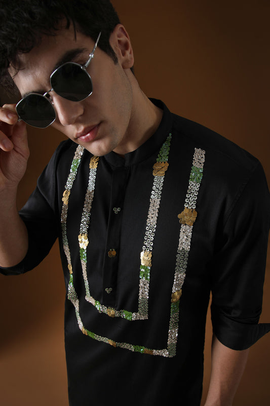 Sequins and Coin Hand Embroidered Designer Kurta - Black