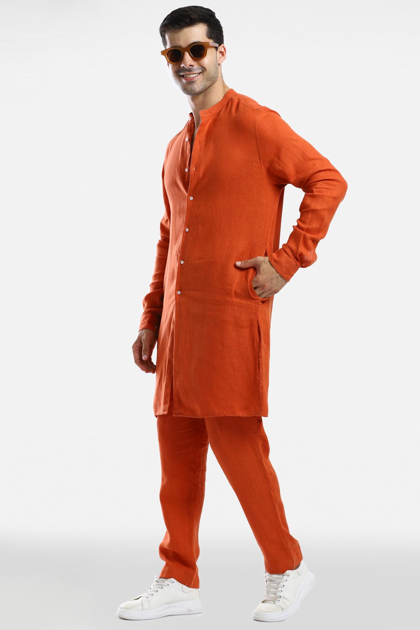 Rust Orange Linen Kurta Set