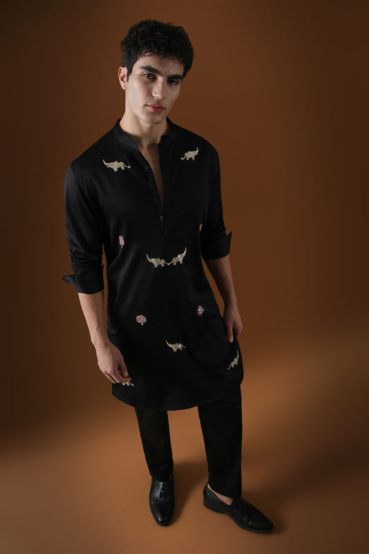 Elephant Hand Embroidered Designer Kurta - Black