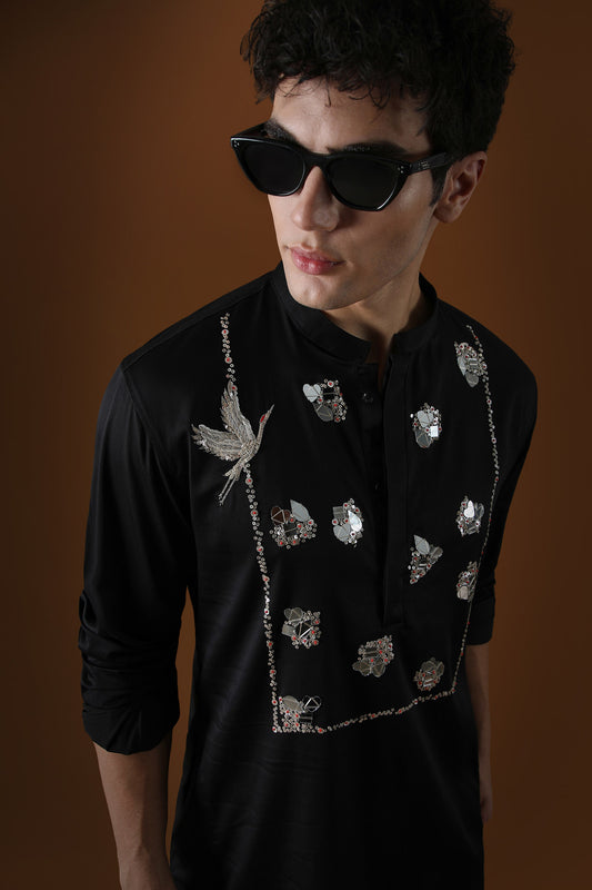 Egret Mirror Yoke Hand Embroidered Designer Kurta - Black