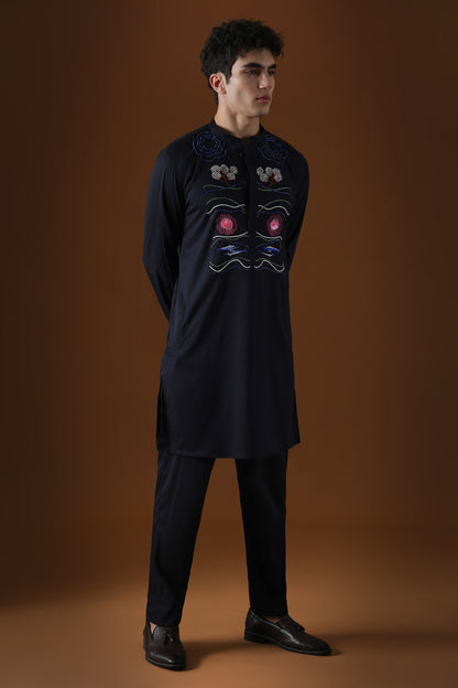 Oceanic Depth Hand Embroidered Designer Kurta - Navy