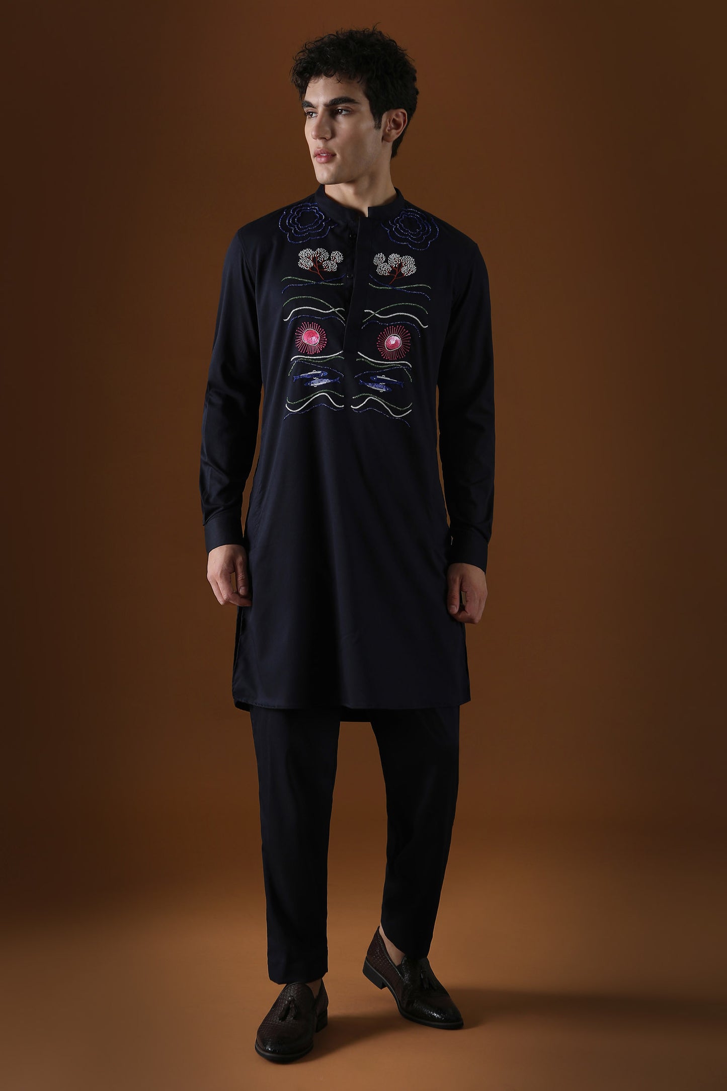 Oceanic Depth Hand Embroidered Designer Kurta - Navy