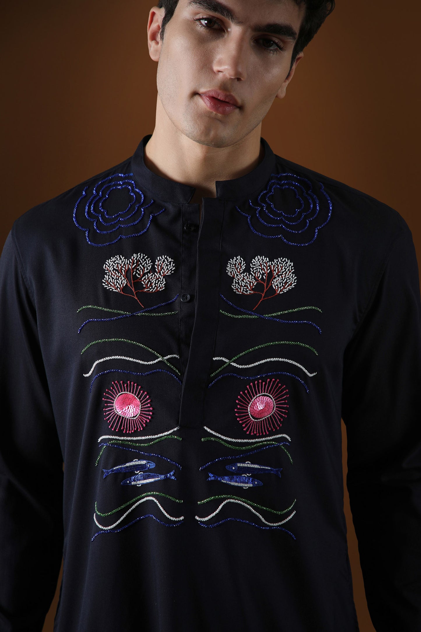 Oceanic Depth Hand Embroidered Designer Kurta - Navy