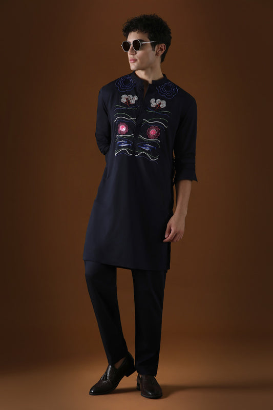 Oceanic Depth Hand Embroidered Designer Kurta - Navy