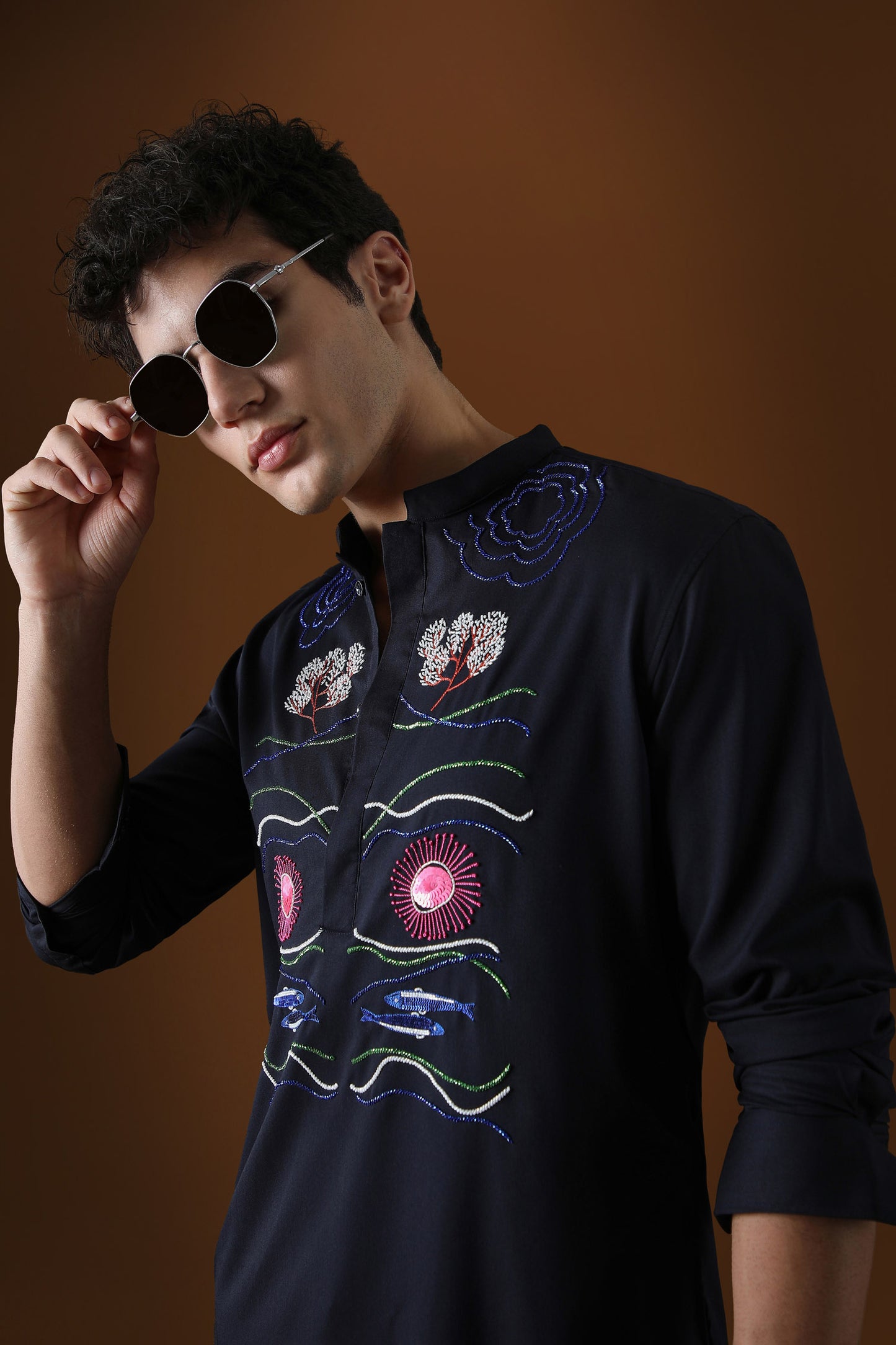 Oceanic Depth Hand Embroidered Designer Kurta - Navy