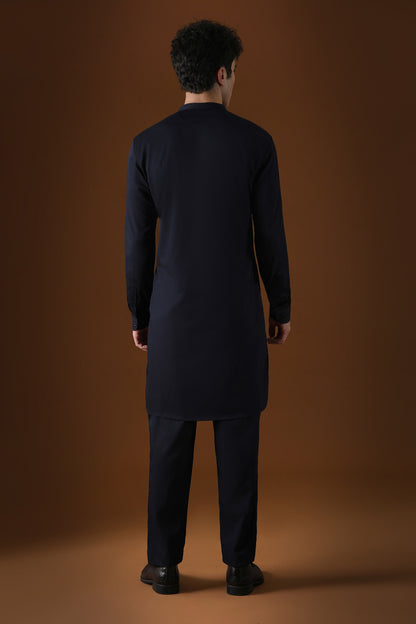 Peacock Hand Embroidered Designer Kurta - Navy