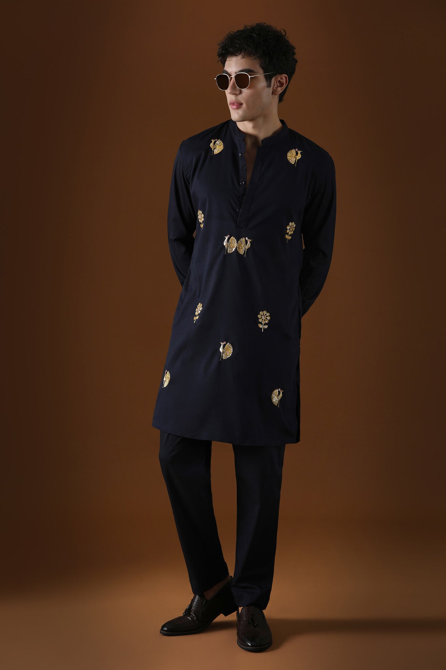 Peacock Hand Embroidered Designer Kurta - Navy