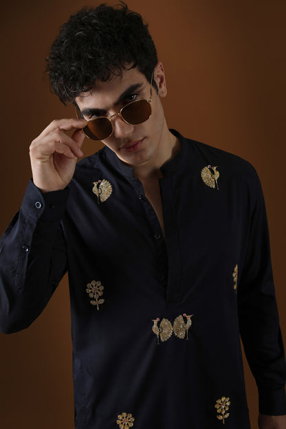 Peacock Hand Embroidered Designer Kurta - Navy