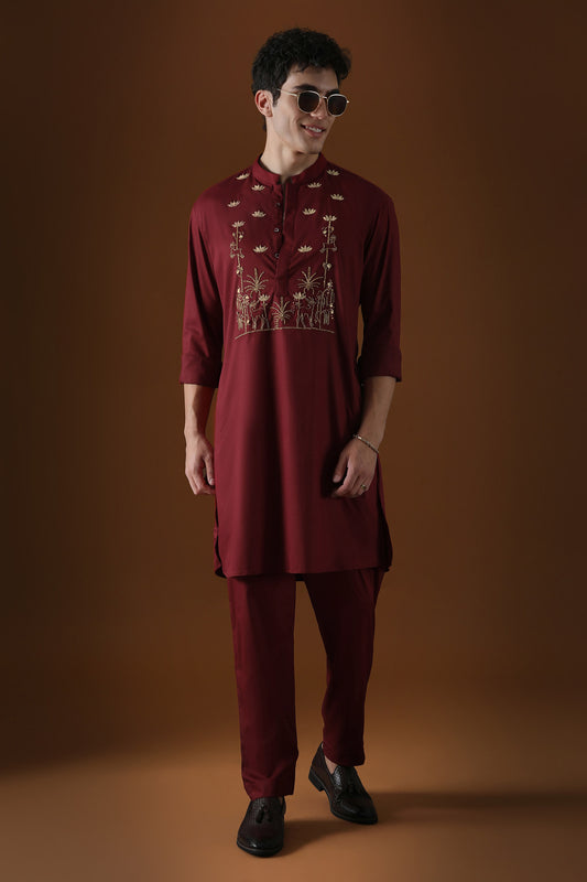 Deer in the Woods Hand Embroidered Designer Kurta - Maroon