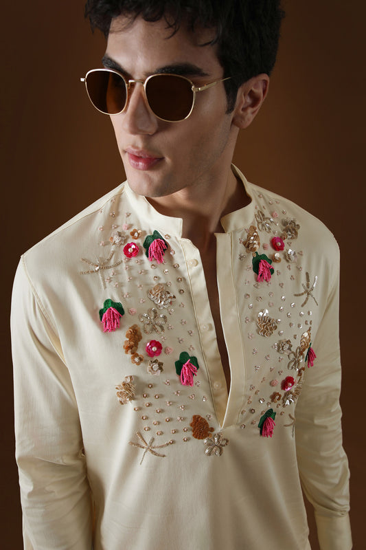 Wild Flowers Hand Embroidered Designer Kurta - Ivory