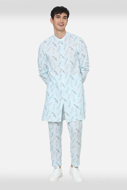 Sky Blue Linen Printed Kurta Set