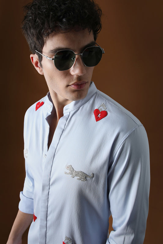 Heart and Panther Hand Embroidered Designer Kurta - Powder Blue