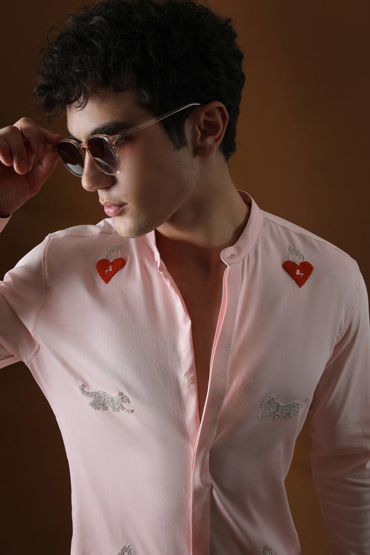 Heart and Panther Hand Embroidered Designer Kurta - Baby Pink