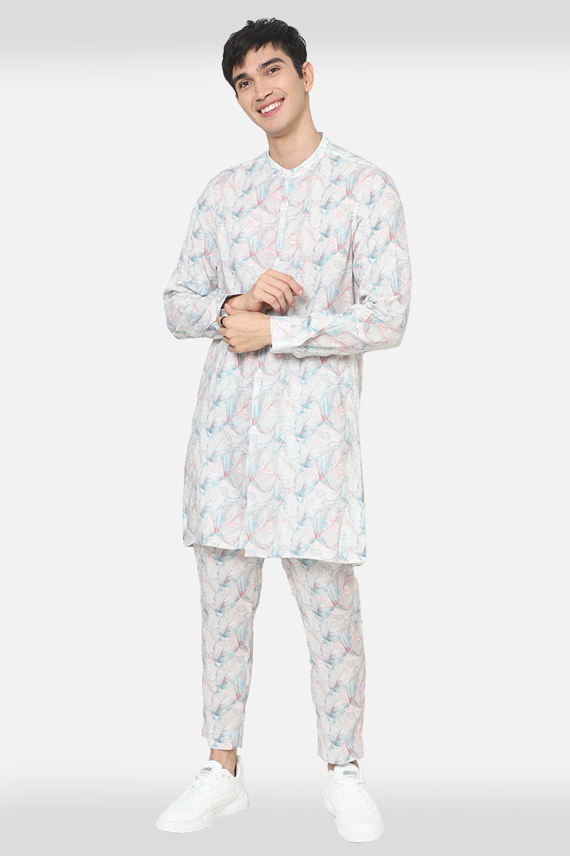 White Linen Printed Kurta Set