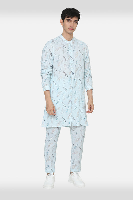 Sky Blue Linen Printed Kurta Set