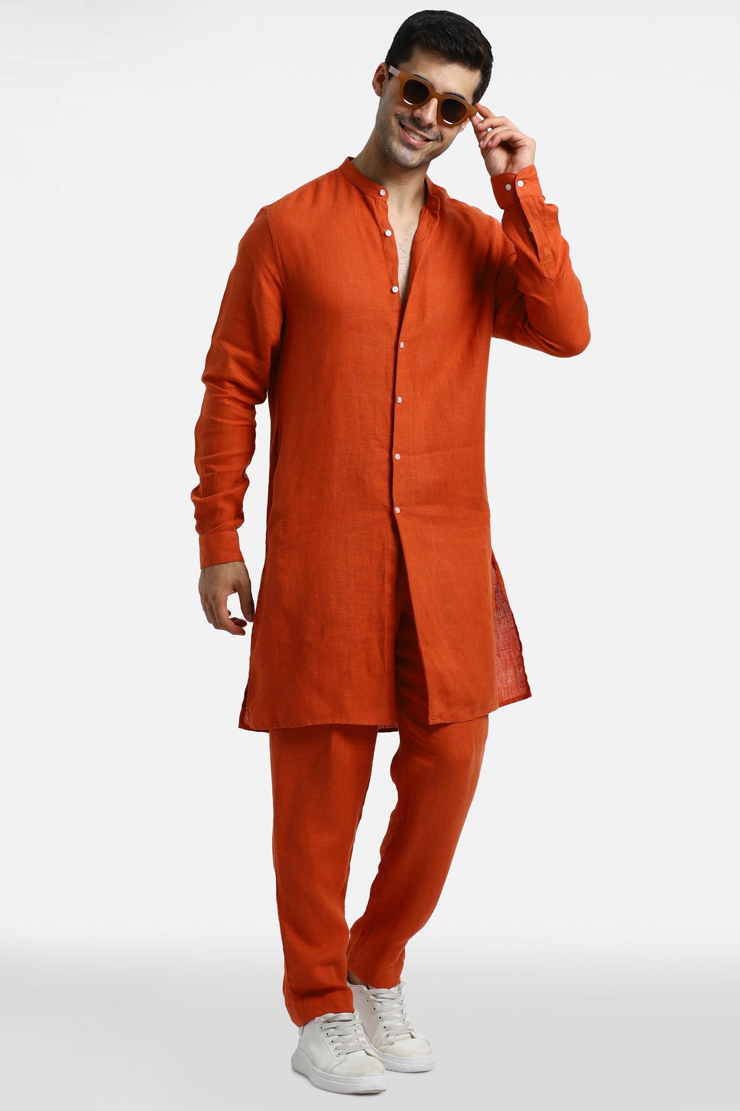 Rust Orange Linen Kurta Set