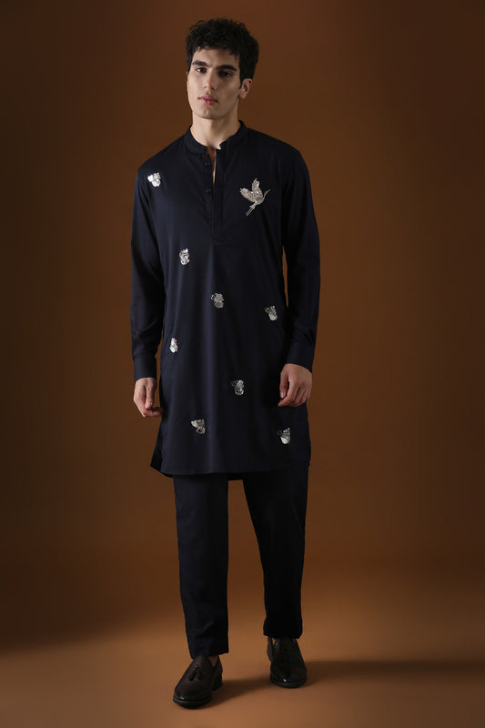 Egret Mirror All Over Hand Embroidered Designer Kurta - Navy