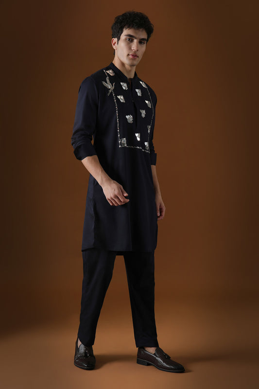 Egret Mirror Yoke Hand Embroidered Designer Kurta - Navy