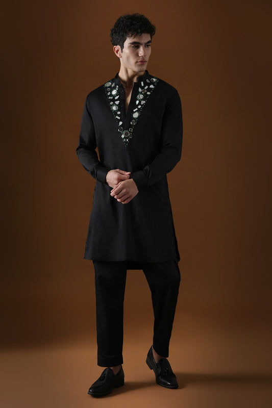 Mirror Knot Hand Embroidered Designer Kurta - Black