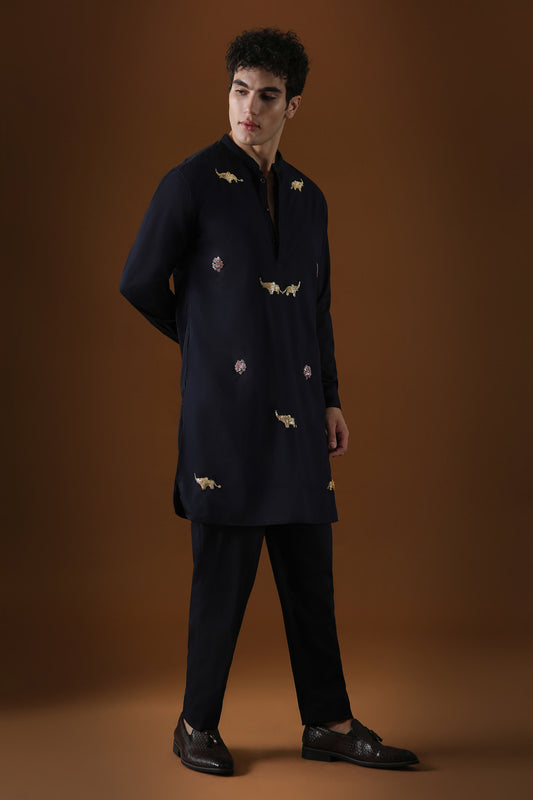 Elephant Hand Embroidered Designer Kurta - Navy