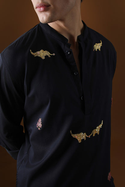 Elephant Hand Embroidered Designer Kurta - Navy