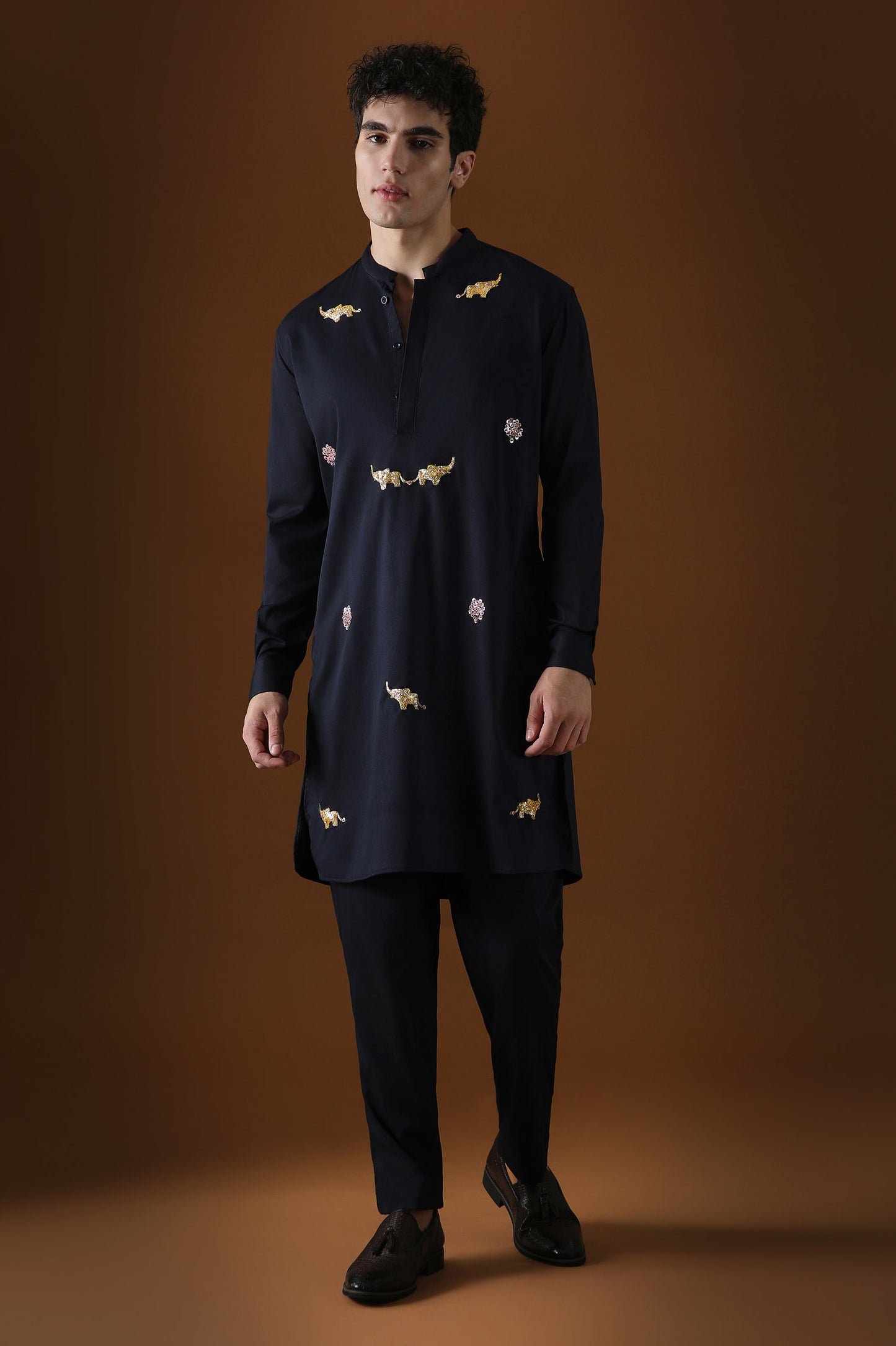 Elephant Hand Embroidered Designer Kurta - Navy